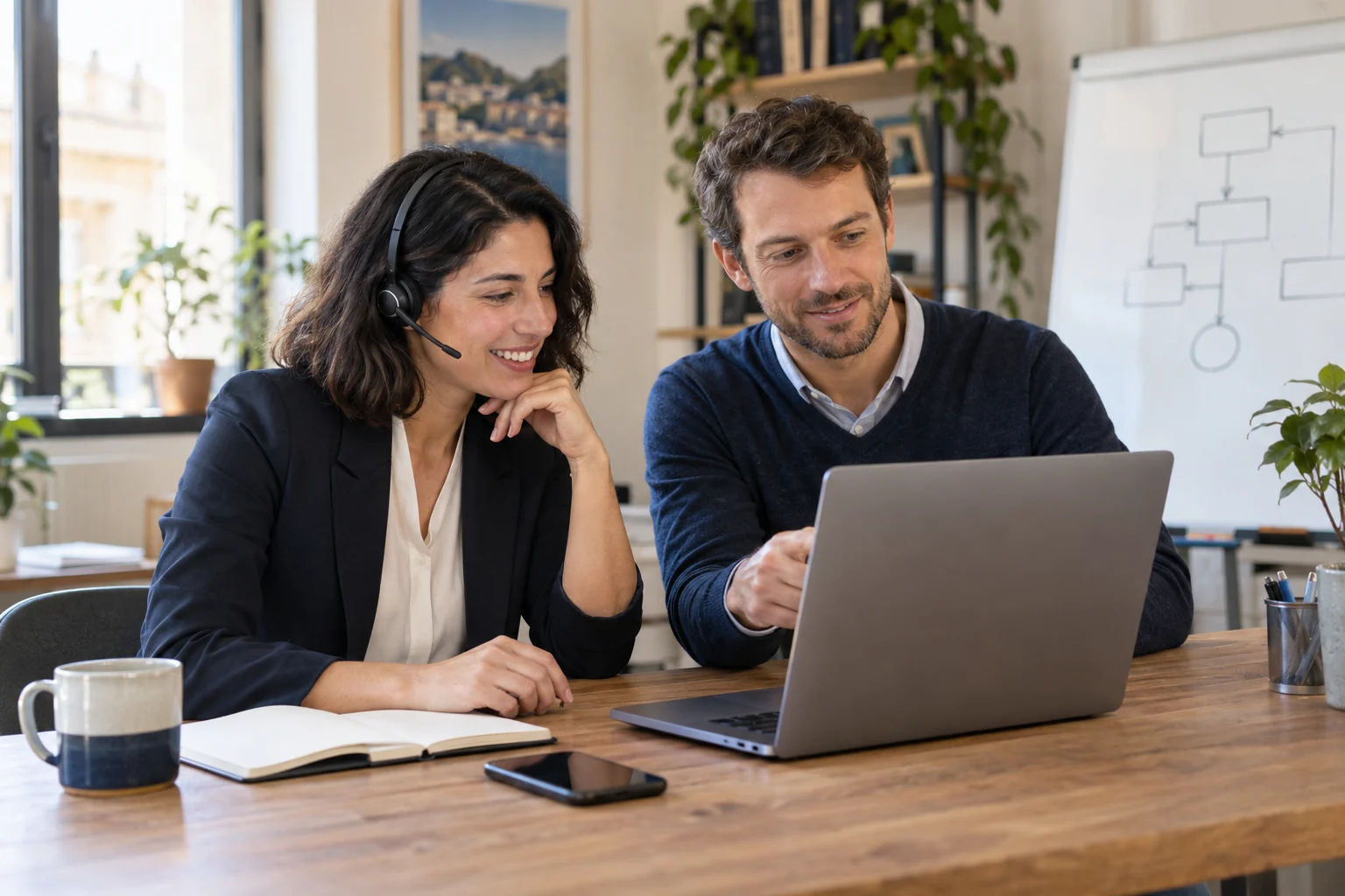 Due professionisti collaborano al computer, con cuffie per le comunicazioni aziendali.