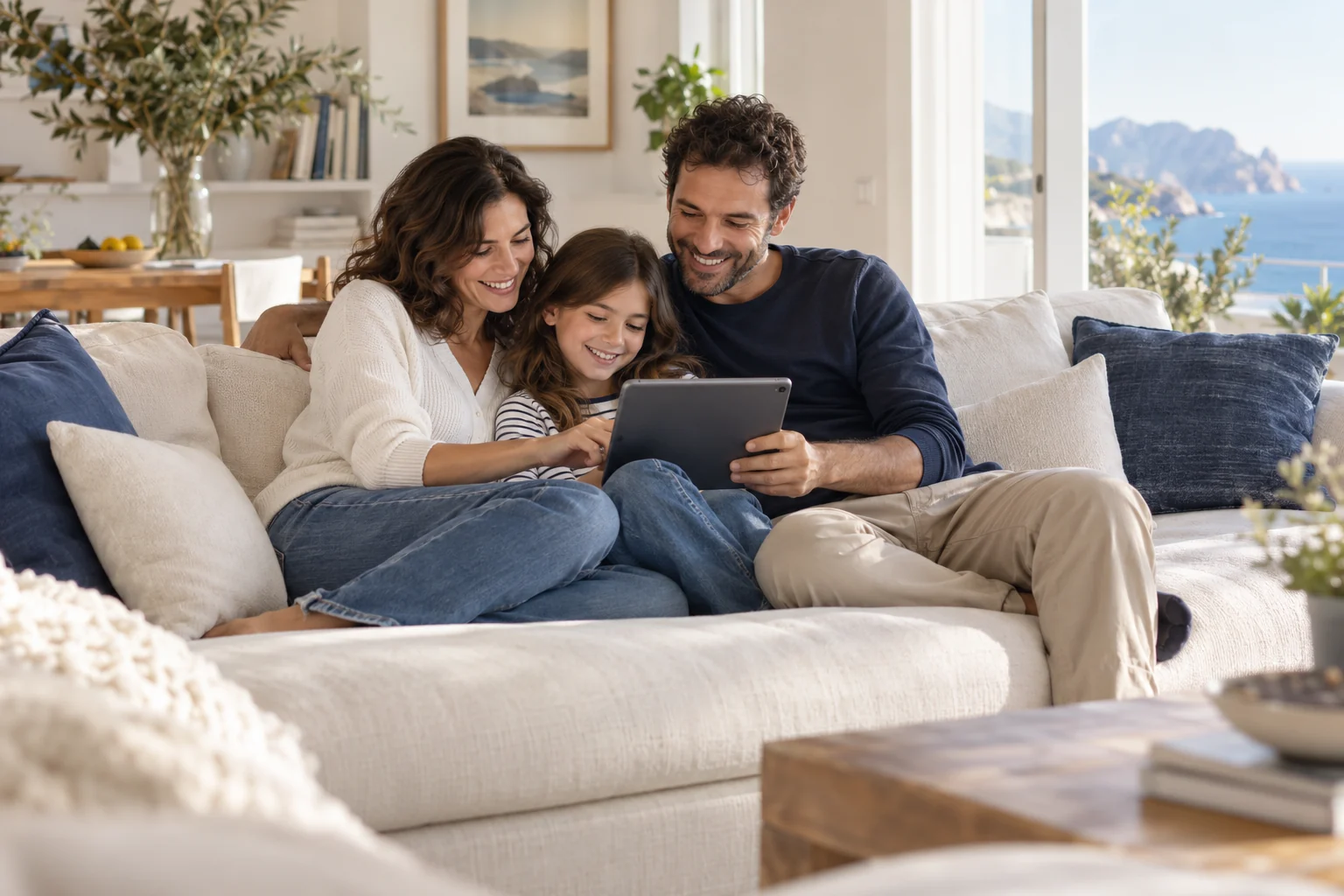 Una famiglia sorridente condivide un momento sul tablet, sul divano di casa.