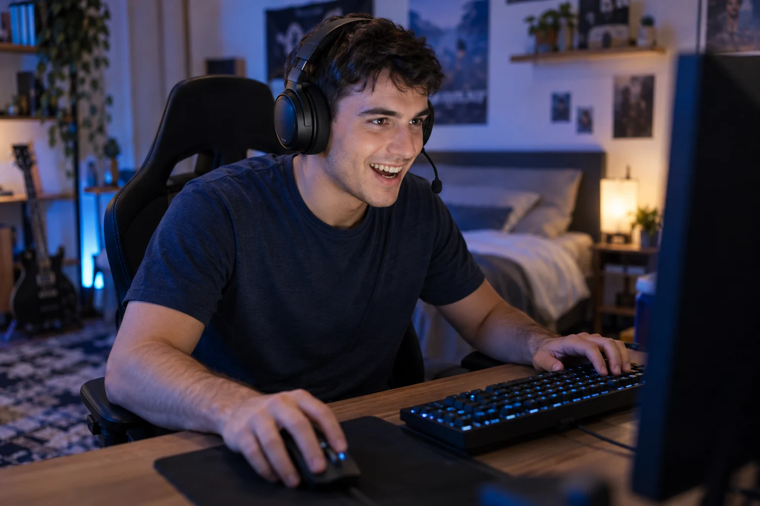 Un giovane sorridente gioca online al computer con cuffie e microfono.