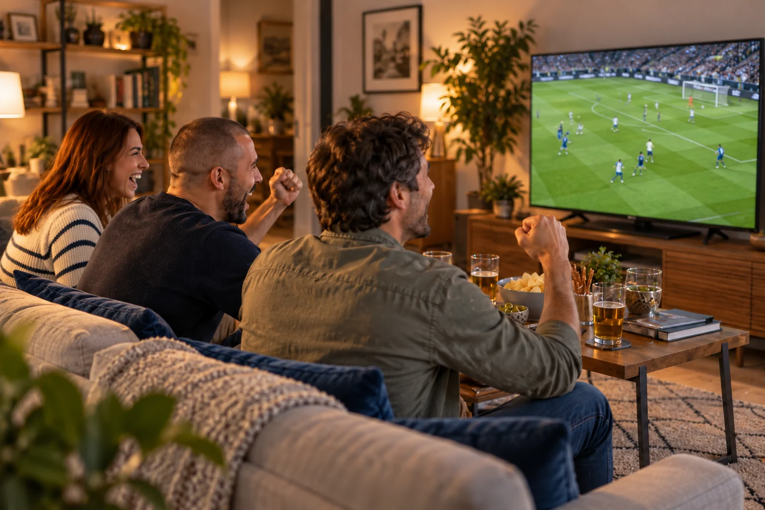 Tre amici festeggiano mentre guardano una partita di calcio in televisione.
