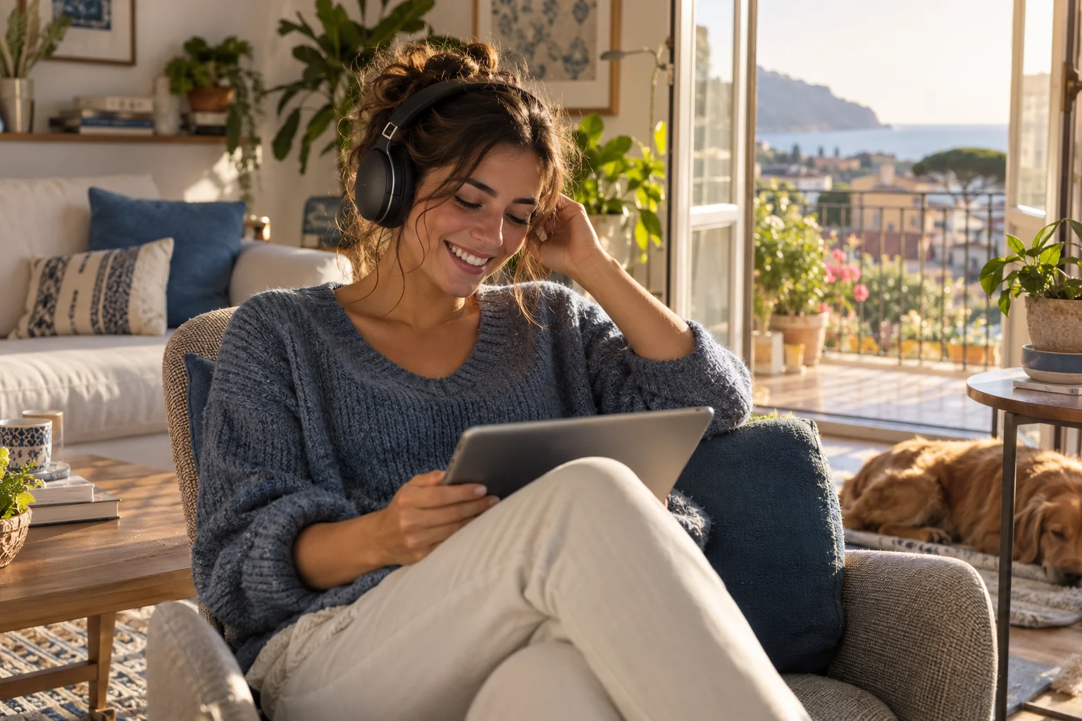 Una donna sorridente ascolta musica in cuffia e usa il tablet a casa.